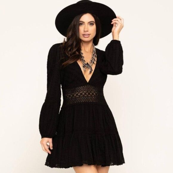 Free People The Delightful Black Long Sleeve Mini Dress Size 4 NWT - Picture 1 of 10